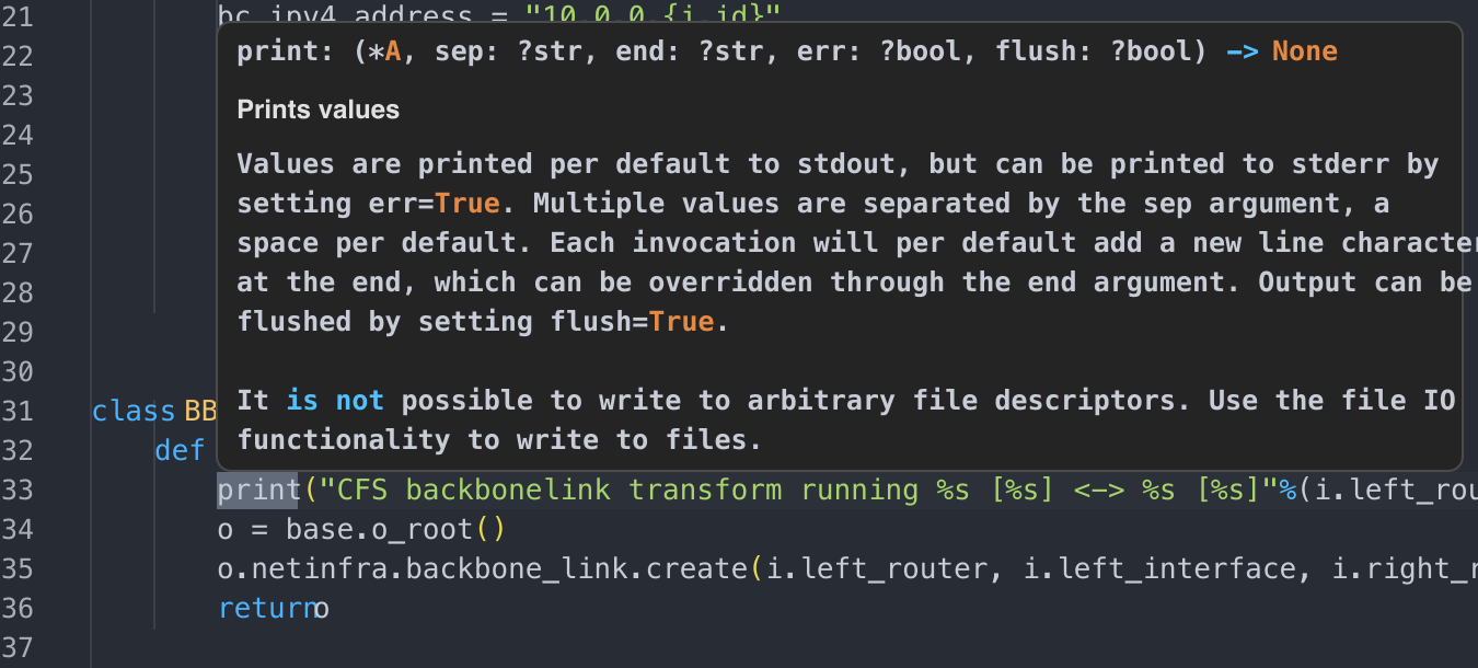 VS Code hover showing the Acton print signature and docstring